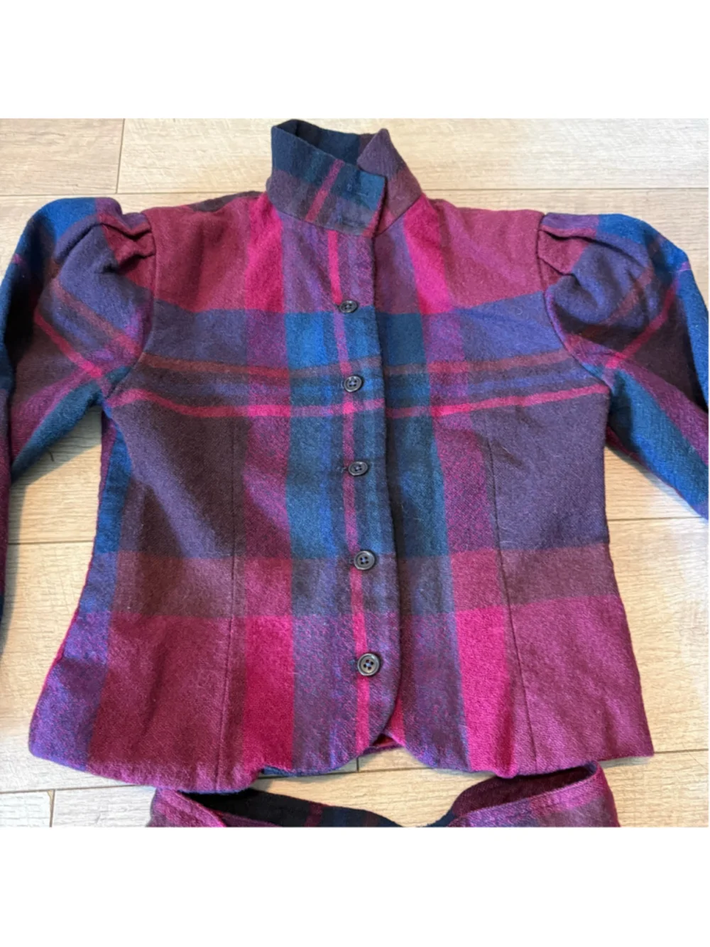 Vintage JH Collectibles 100% Wool Plaid Skirt Suit 2 Piece Jacket Burgundy